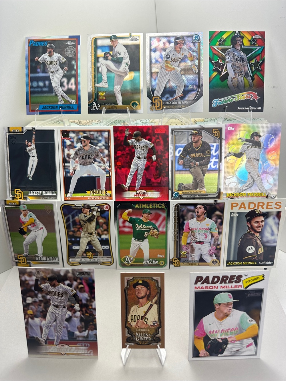 Jackson Merrill/Mason Miller Rookie Cup/Padres lot of 17